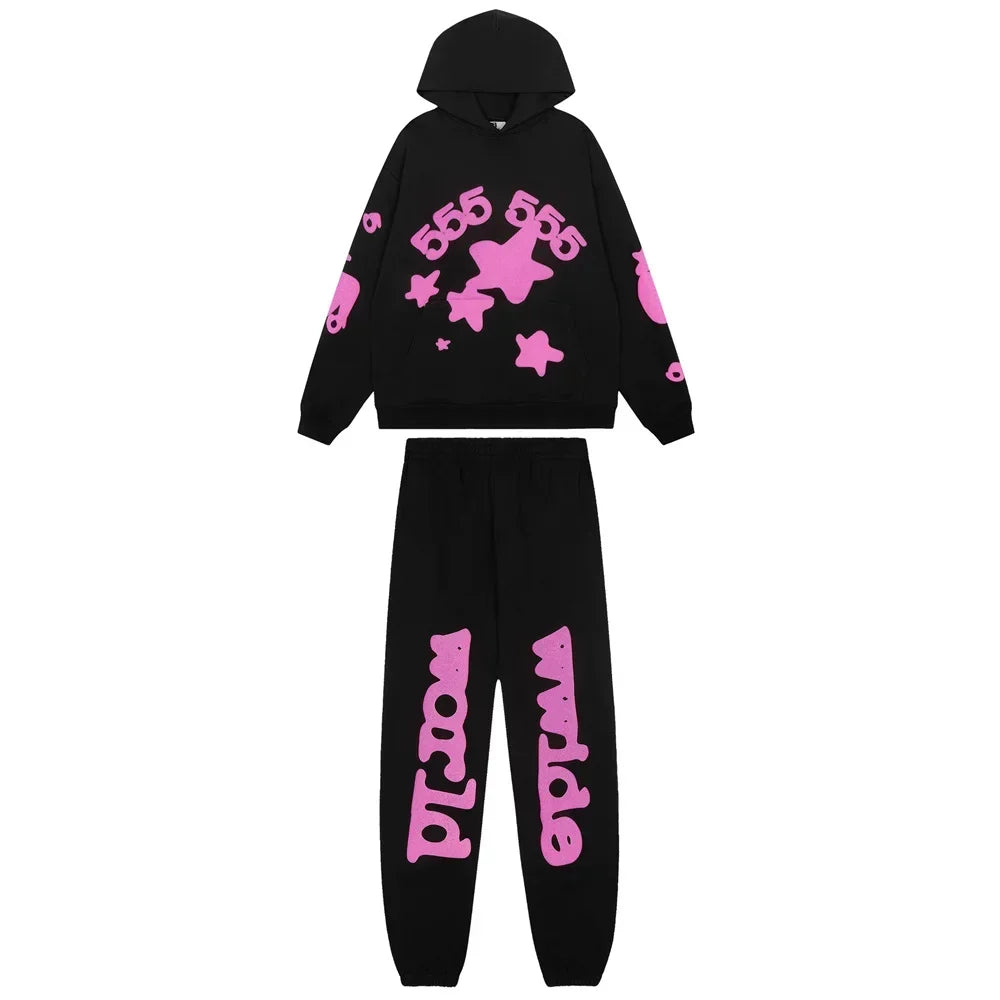 Sp5der Black Hoodie & Pants Set with Pink Stars