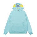 Sp5der Light Blue Pullover Hoodie with Yellow Spider Web Lining and Rhinestone Details